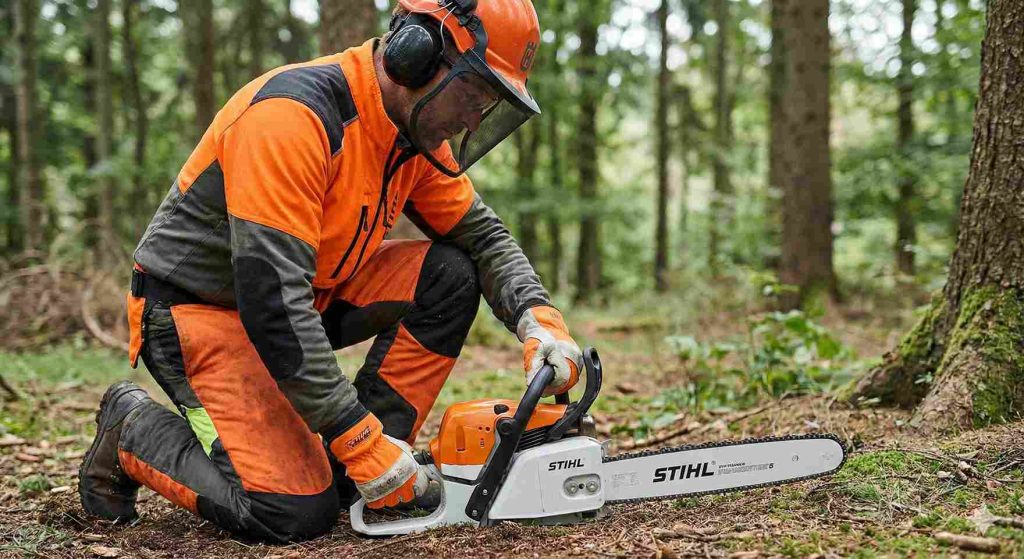 A person wearing full safety gear, including a helmet and chaps, kneeling in a forest to start a Stihl chainsaw.