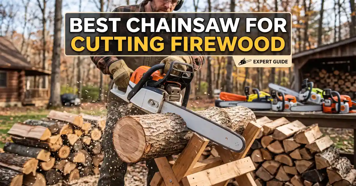 An expert guide graphic titled "BEST CHAINSAW FOR CUTTING FIREWOOD" showing a person using a chainsaw to cut a log on a sawbuck.