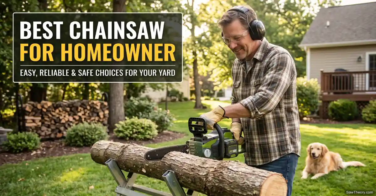A smiling homeowner with safety gear cuts a log with a green chainsaw. Prominent title: BEST CHAINSAW FOR HOMEOWNER.