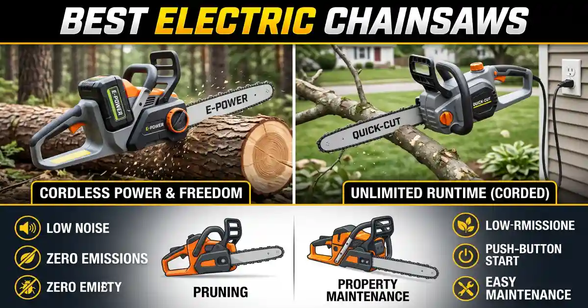 Side-by-side comparison of the best electric chainsaws, featuring a cordless model for freedom and a corded model for unlimited runtime.