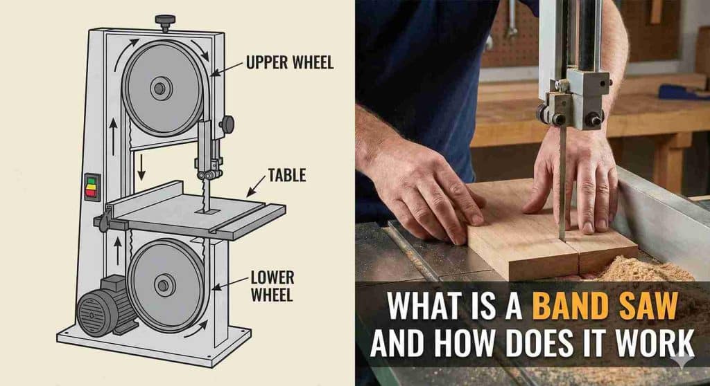 Split image showing a technical diagram of a band saw's internal wheels and blade mechanism on the left, and a close-up photo of a woodworker cutting lumber on a band saw on the right, with the text "What is a Band Saw and How Does It Work.