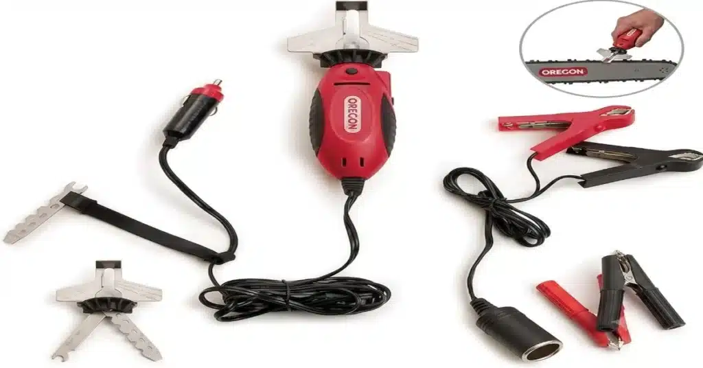 Oregon chainsaw sharpener with 12V vehicle plug, battery clamps, and guides.