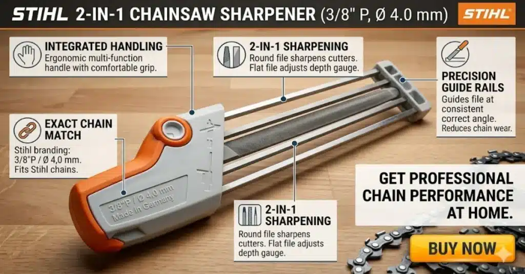 An annotated product infographic highlighting the features of the STIHL 2-in-1 Chainsaw Sharpener with a Buy Now button.