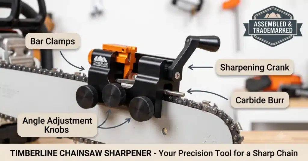 Diagram of the Timberline Chainsaw Sharpener attached to a chainsaw, showing labeled parts like the crank and burr.