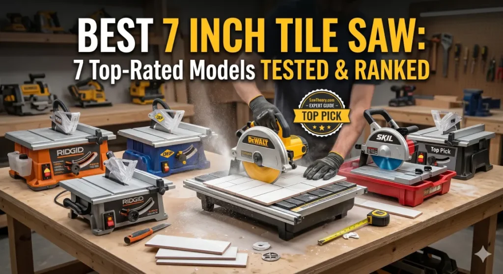 A worker testing a DeWalt 7-inch wet tile saw to cut ceramic tile, surrounded by other top-rated models from Ridgid, Skil, and QEP on a workshop bench for a SawTheory comparison guide.