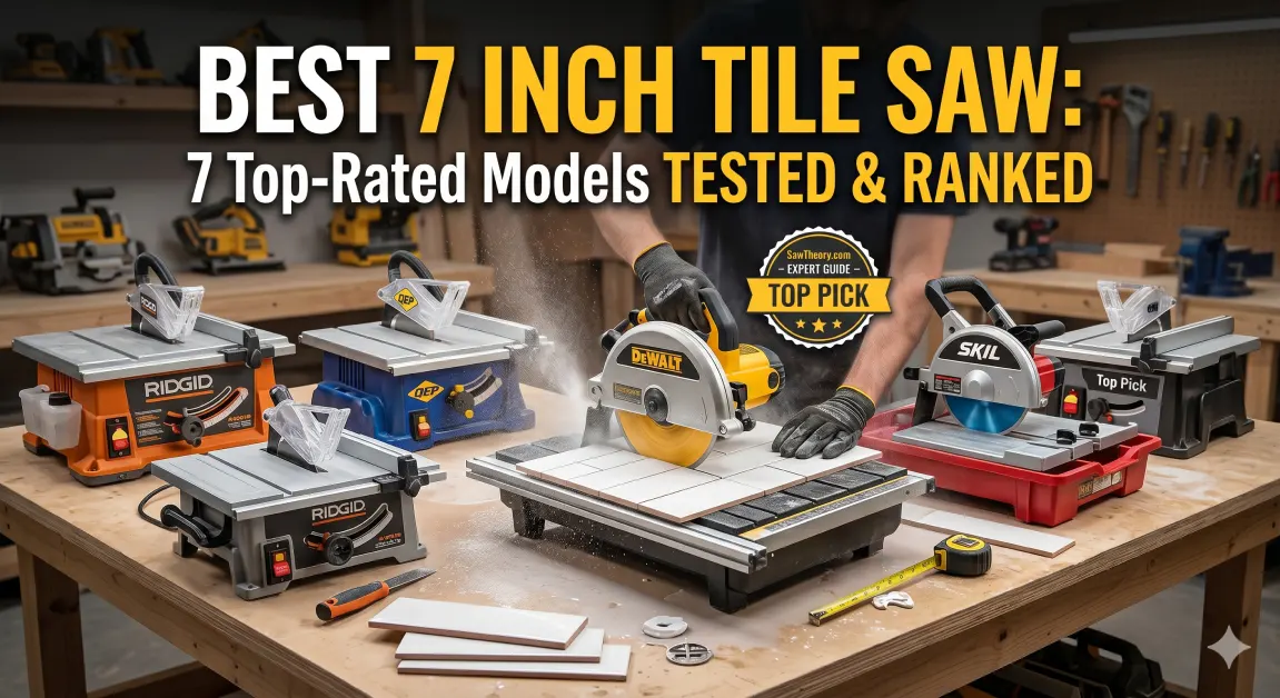 A worker testing a DeWalt 7-inch wet tile saw to cut ceramic tile, surrounded by other top-rated models from Ridgid, Skil, and QEP on a workshop bench for a SawTheory comparison guide.