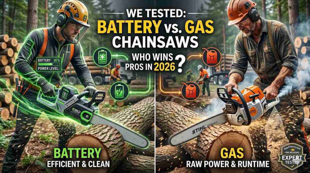 A split-screen comparison by SawTheory showing an EGO battery chainsaw (left) and a STIHL gasoline chainsaw (right) cutting through logs.