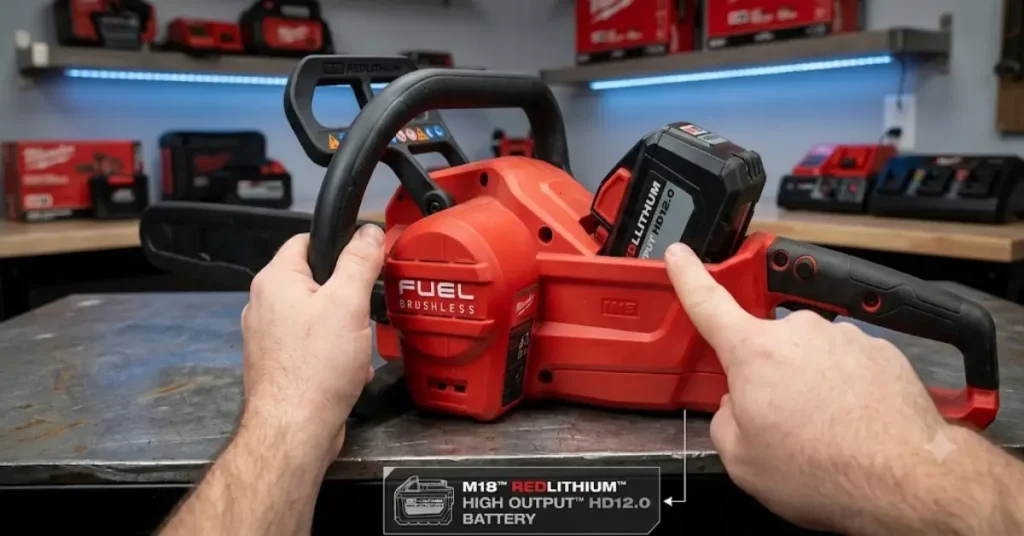 Hands pointing at massive M18 HD12.0 battery on Milwaukee chainsaw.