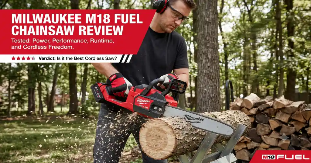 Milwaukee M18 FUEL cordless chainsaw cutting a log for a product review.