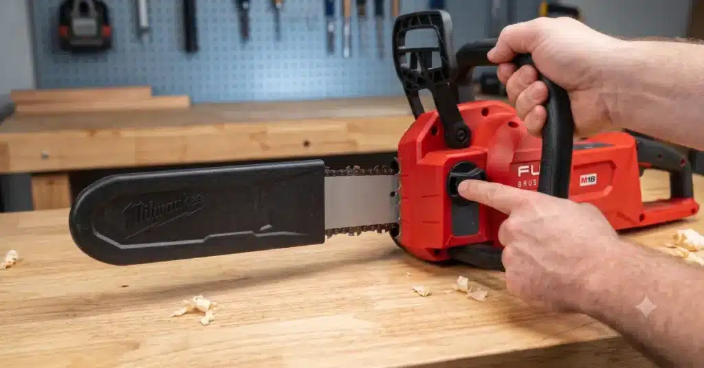 Hand pointing to the side tensioning knob on a Milwaukee M18 FUEL chainsaw.