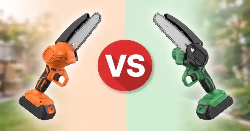 A side-by-side product comparison of the Seesii Mini Chainsaw vs Tietoc Mini Chainsaw, featuring an orange and a green cordless model separated by a central red VS badge.