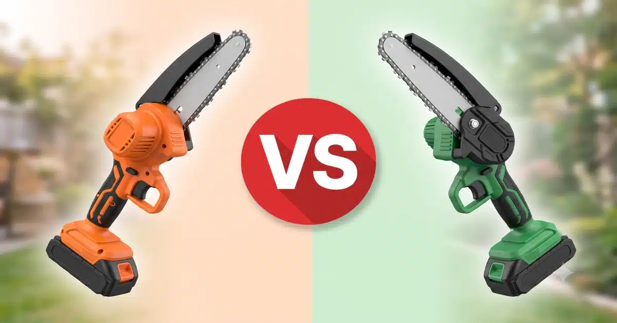 A side-by-side product comparison of the Seesii Mini Chainsaw vs Tietoc Mini Chainsaw, featuring an orange and a green cordless model separated by a central red VS badge.