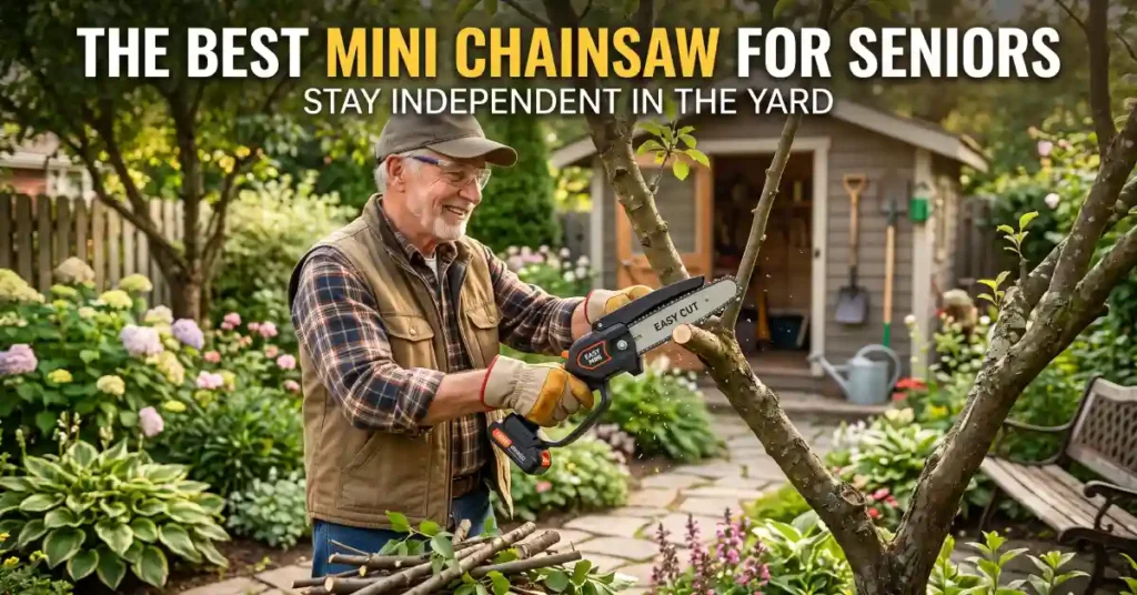 Senior man safely pruning branches in his backyard with a lightweight mini chainsaw.